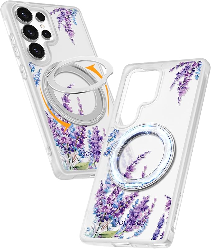 for Samsung Galaxy S25 Ultra Case with 360° Rotatable Magnetic Ring - Compatible with MagSafe, Semi-Transparent Soft-Touch Material Shockproof, Cute Purple Floral Design for Women Girl