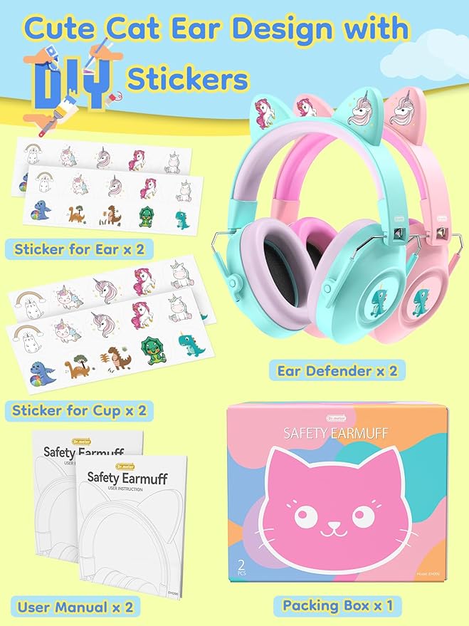 Dr.meter Ear Muffs for Noise Reduction: 32SNR Noise Cancelling Headphones for Kids with Adjustable Head Band, Kids Ear Hearing Protection Pink+Green