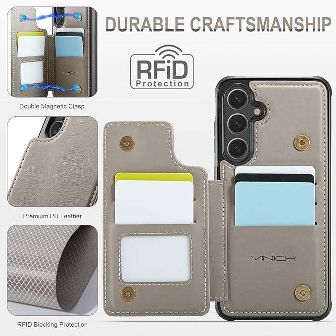 Vinich for Samsung Galaxy S25 Plus Wallet Case with Card Holder, RFID Blocking Credit Slots Kickstand Shockproof Phone Cover for Women Men, Gray