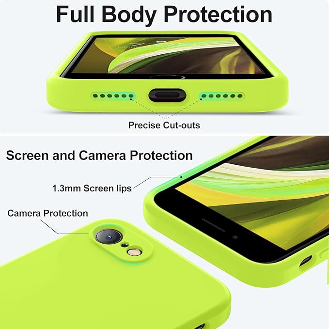 Vooii for iPhone SE Case 2022/3rd/2020,iPhone 8/7 Case, Upgraded Liquid Silicone with [Flat Edges] [Camera Protection] [Soft Anti-Scratch Microfiber Lining] Phone Case for SE 4.7 - Fluorescent Green
