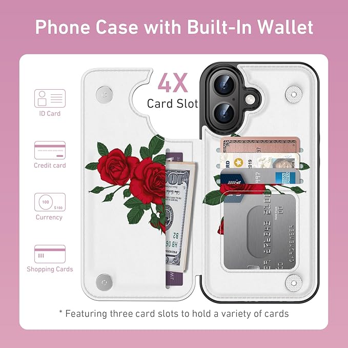 FUNMIKO for iPhone 16 Plus Wallet Case with Card Holder, RFID-Blocking, Military-Grade Protection & UV-Printed Artwork, Magnetic Closure with Leather Kickstand - Blooming Red Rose