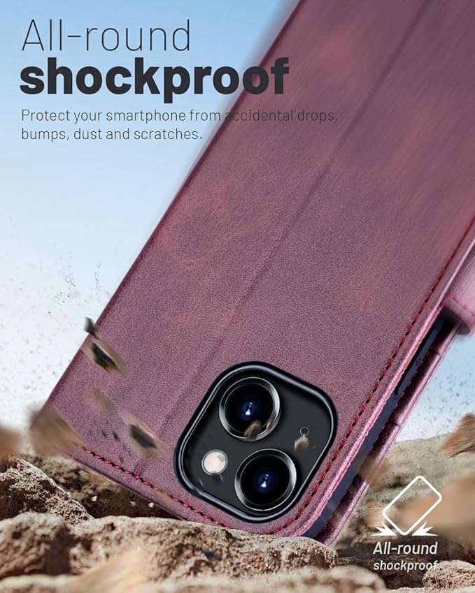 OCASE Compatible with iPhone 15 Wallet Case, PU Leather Flip Folio Case with Card Holders RFID Blocking Kickstand [Shockproof TPU Inner Shell] Phone Cover 6.1 Inch 2023, Mulberry