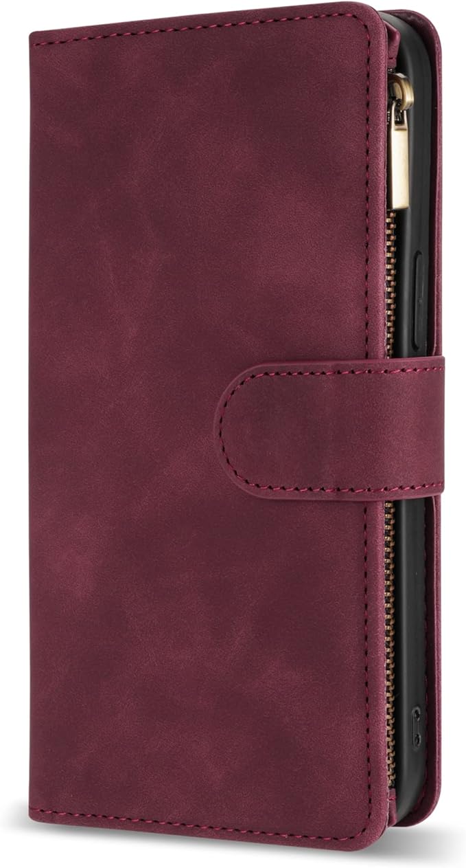 ZZXX For iPhone 14 Pro Case Wallet With [RFID Blocking] Card Slot Premium Soft PU Leather Zipper Flip Folio With Wrist Strap Kickstand Protective Cover For iPhone 14 Pro Wallet Case(Wine Red-6.1 inch)