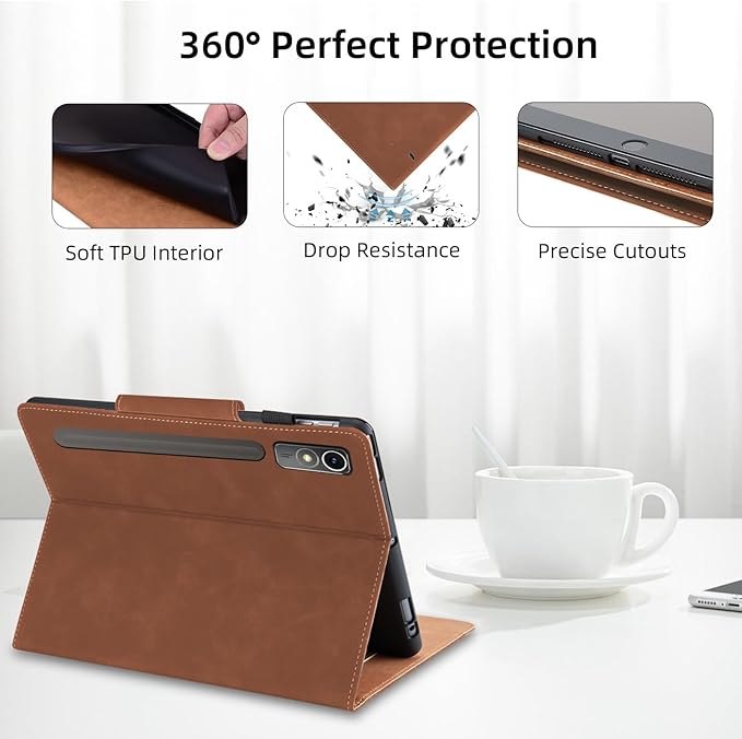 Case for Lenovo Tab P12 12.7 Inch 2023 (TB370FU) - Multi-Angle Viewing Stand Cover with Pocket, PU Leather Folio Case with Magnetic Clasp, Auto Wake/Sleep Smart Tablet Cover, Brown