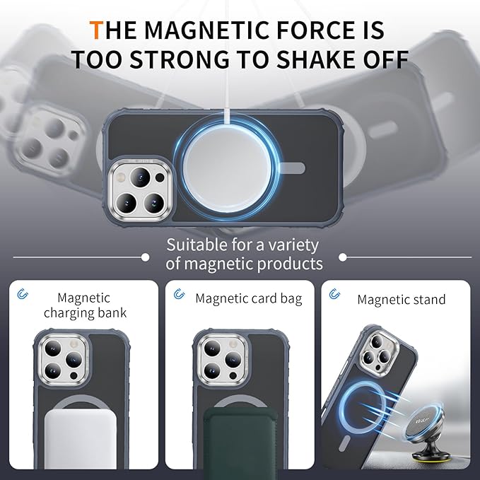 Magnetic for iPhone 16 Pro Max Case Gray with MagSafe Wireless Charging Heavy Duty Military-Grade Shockproof Protection Adjustable Kickstand Slim Matte Anti-Fingerprint Cover Men Women
