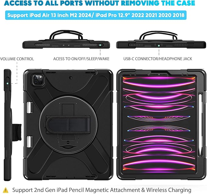 DreamerX for iPad Air 13 Inch (2025/2024) M3/M2 iPad Pro 12.9 6th 5th 4th 3rd Gen Case with 360° Rotating Stand Hand Strap Shoulder Strap, Heavy Duty Rugged Kids Cover for iPad Air 13 Pro 12.9", Black