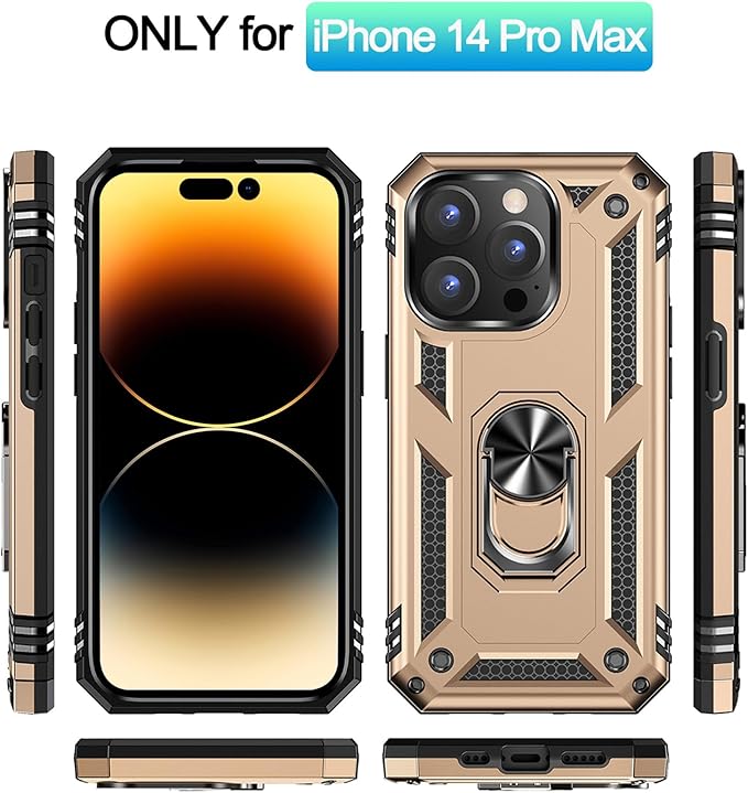 ADDIT Phone Case for iPhone 14 Pro Max Case,with Kickstand Ring,Adjustable Stand,Military Grade,Heavy Duty Protection,Shockproof,Anti-Fingerprint,Support Magnet Car Mount,Gold