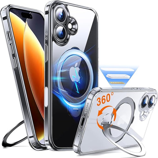 360° O-Ring MagStander for iPhone 16 Case with Magnetic Kickstand Ring Holder [Compatible with MagSafe][360°Rotate Stand Ring][Military Shockproof] iPhone 16 Phone Cover Clear