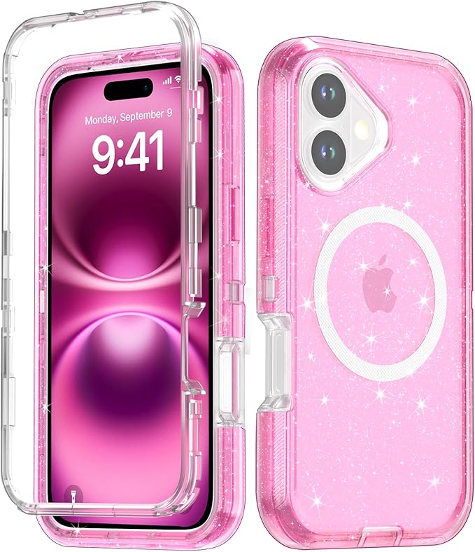 Designed for iPhone 17 Case,[Compatible with Magsafe] [Non-Yellowing] [Without Screen Protector] Shockproof/Dust/Drop Proof 3-Layer Full Body Protection Rugged Heavy Duty Cover, Pink Glitter
