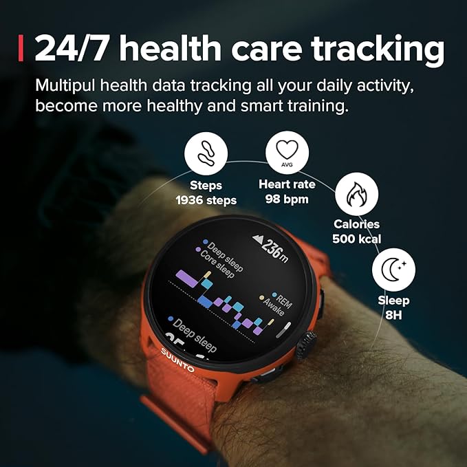 SUUNTO Run Sports Watch, 1.32" AMOLED Touchscreen w/Crown Button, 12D Battery Life, Dualband Accurate GPS, Wrist Heart-Rate & Sleep Health Tracking, 35g Lightweight & 4GB Offline Music, Coral Orange