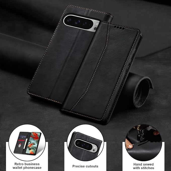 Jasonyu Flip Wallet Case for Google Pixel 9 Pro XL,Leather Magnetic Folio Cover with Card Holder,Kickstand - TPU Shockproof Durable Protective Phone Case,Black