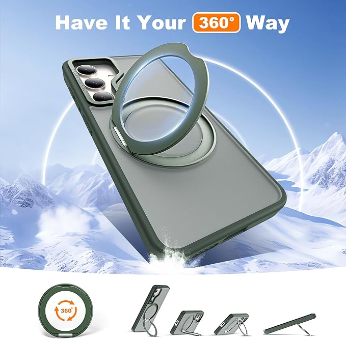 for Samsung Galaxy S23 Case with 360°Rotatable Magnetic Ring Stand Compatible with Mag-Safe Military Standard Protection Shockproof Matte Translucent Phone Cases for Samsung Galaxy S23,Green