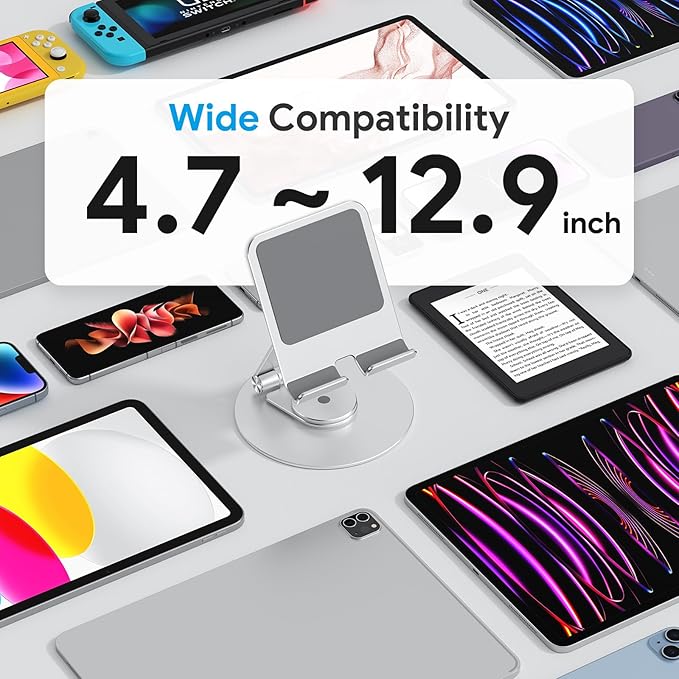 OMOTON Swivel Tablet Stand for iPad with 360 Rotating Base, Foldable Adjustable Holder for Drawing, Compatible with iPad Pro/Air/Mini and More, Silver