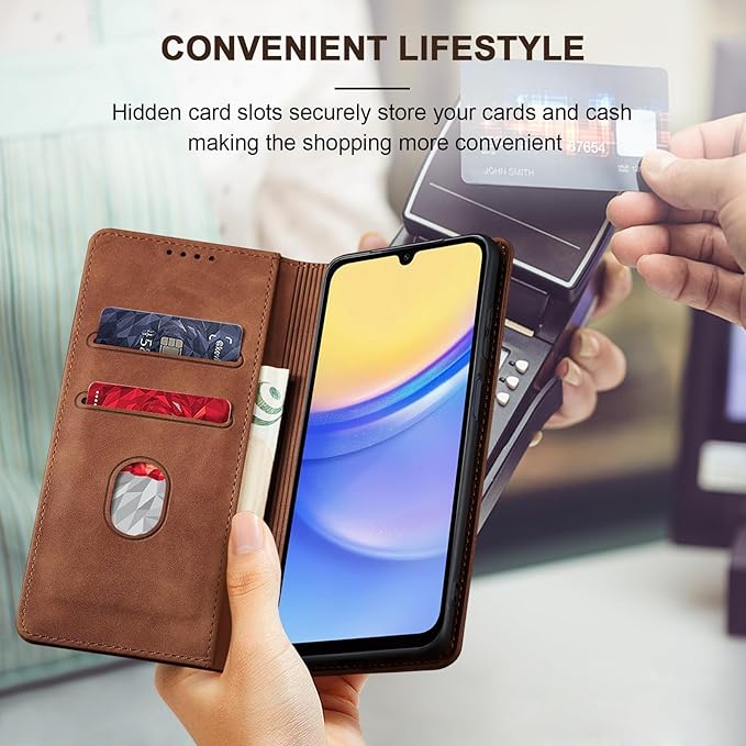 Jasonyu Flip Wallet Case for Samsung Galaxy A15 5G,Leather Magnetic Folio Cover with Card Holder,Kickstand - TPU Shockproof Durable Protective Phone Case,Brown