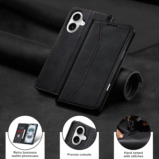 Jasonyu Flip Wallet Case for iPhone 16,Leather Magnetic Folio Cover with Card Holder,Kickstand - TPU Shockproof Durable Protective Phone Case,Black
