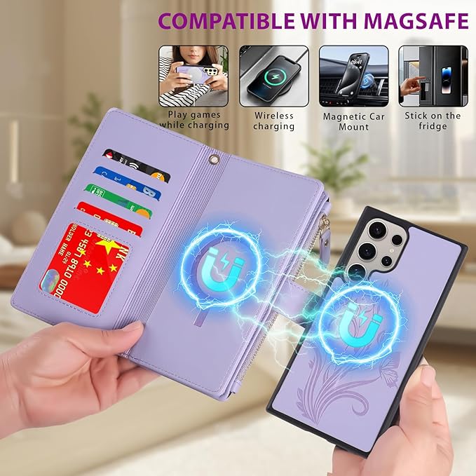 Lacass for Samsung Galaxy S24 Ultra Case Wallet,Compatible with MagSafe 2 in 1 Magnetic Detachable PU Leather RFID Blocking Wallet Cover Card Holder Zipper Wrist Strap Lanyard,Floral Light Purple