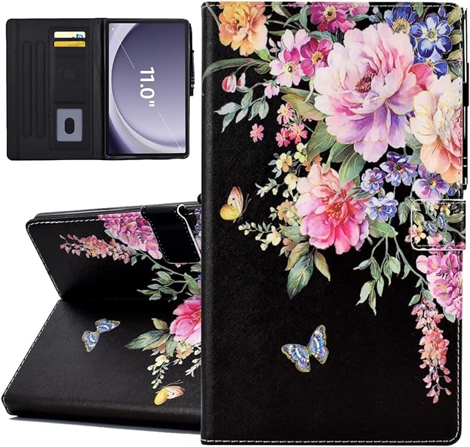 KEROM Case for Samsung Galaxy Tab A9+ Plus 11 Inch 2024 2023 (SM-X210/X216/X218), Slim PU Leather Stand Case Protective Cover for Galaxy Tab A9+/A9 Plus Tablet, Auto Wake/Sleep - Flowers