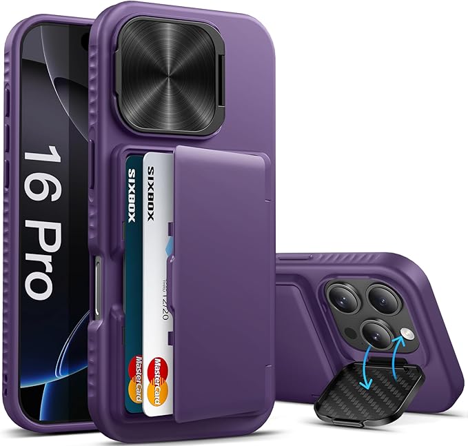 for iPhone 16 Pro Case with Kickstand & Card Holder & Camera Lens Cover, Military Grade Drop Protection Shockproof Rugged Stand Wallet Phone Case for iPhone 16 Pro 6.3", Purple