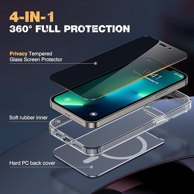 Diaclara Magnetic for iPhone 13 Pro Max Case, [with Privacy Screen Protector] [Anti Spy] [Military Grade Drop Protection] Heavy Duty Full-Body Shockproof Phone Case, Clear