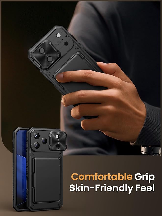 Vihibii for iPhone 17 Pro Case Wallet with Card Holder (4 Cards) [RFID Blocking] & Slide Camera Cover, Military Grade Drop Protection, Rugged Hard Back & Silicone Edge Phone Case 6.3" 5G 2025, Black