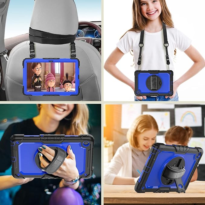 Herize Case for Tab M10 Plus Gen 3 with Screen Protector | Lenovo M10 Plus Case TB125FU/TB128FU/TB128XU with 360 Swivel Stand and Hand Strap | Heavy Duty Blue Cover