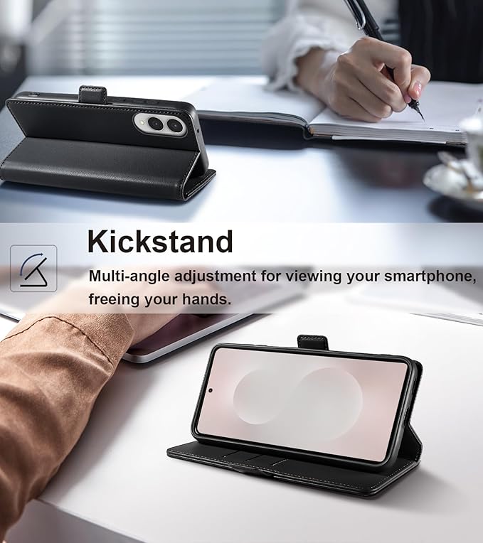 Wallet Flip Case for Samsung Galaxy S25 Edge 5G - [RFID Blocking] Luxury PU Leather Card Holder Magnetic Phone Cover with Kickstand,Shockproof Protective Case,Black