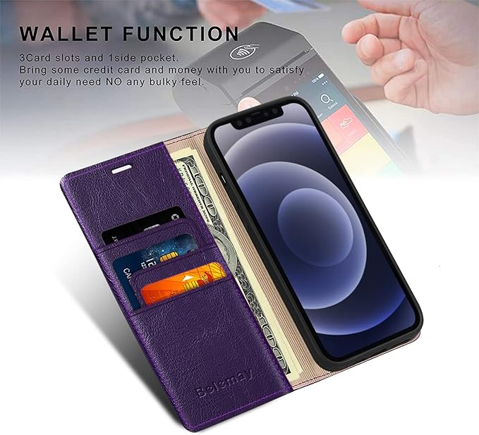 Belemay Compatible with iPhone 14 Pro Max Case Wallet-Genuine Leather Flip Case-RFID Blocking Card Holder-Shockproof TPU Shell Folio Cover Women Men Compatible with iPhone 14 Pro Max (6.7-inch) Purple