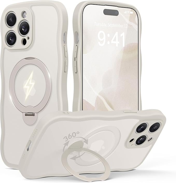 GolbinBox for iPhone 14 Pro Case for Women,[Compatible with Magsafe][360° Spin Magnetic Stand][Cute Wave Edge][Military-Grade Protection] Translucent Matte Phone Case for iPhone 14 Pro, Stone