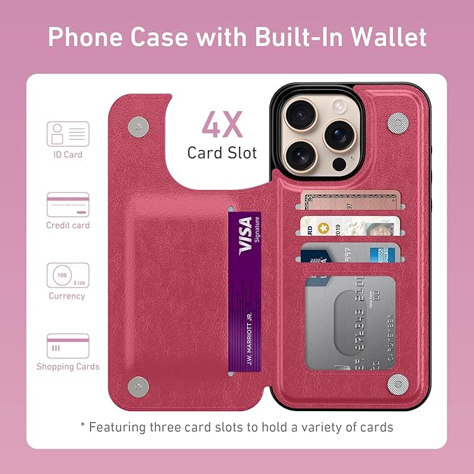FUNMIKO for iPhone 16 Pro Max Wallet Case with Card Holder, RFID-Blocking, Military-Grade Protection & UV-Printed Artwork, Magnetic Closure with Leather Kickstand - Hot Pink
