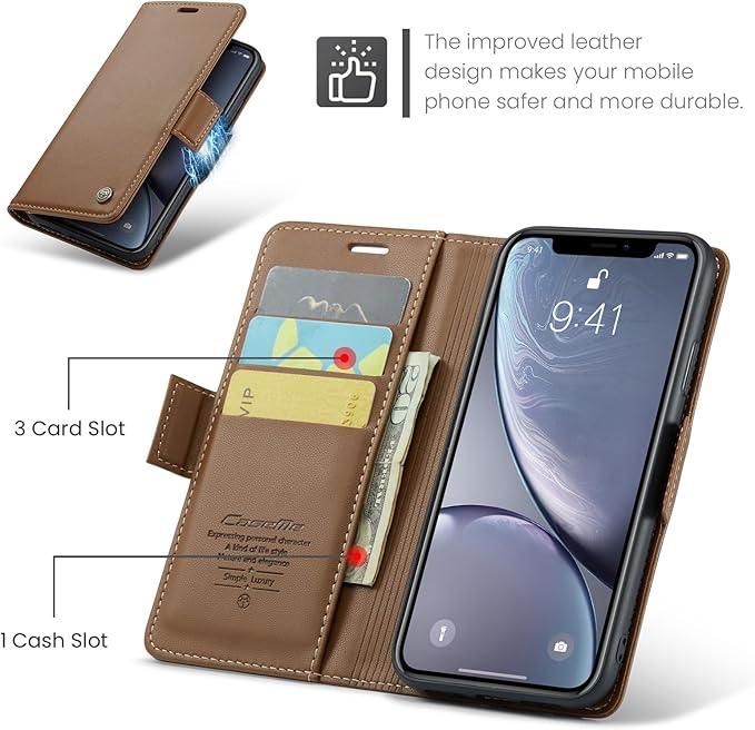for iPhone XR Case, Premium PU Leather Wallet Case Flip Cover with [RFID Blocking][Card Holder][Stand Function] Shockproof Protective for Apple iPhone XR, Brown