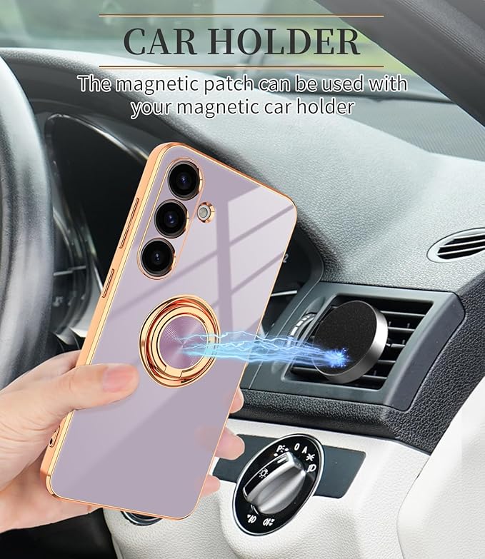 Dinick Purple for Samsung Galaxy S24 Case with Ring Holder Kickstand [with Magnetic] Soft TPU Bumper, Glitter Gold Electroplated Cover Slim Thin Protective Phone Case for Galaxy S24