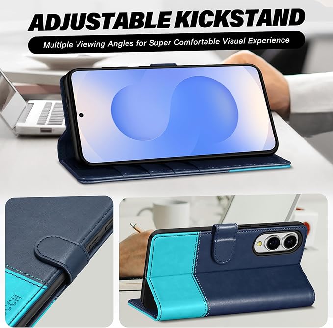 TUCCH Wallet Case for Galaxy S25 Edge 5G, Magnetic PU Leather Kickstand [RFID Blocking] 4 Card Slots Folio Cover with TPU Shockproof Inner Shell Compatible with Galaxy S25 Edge 6.7", Blue & Lake Blue