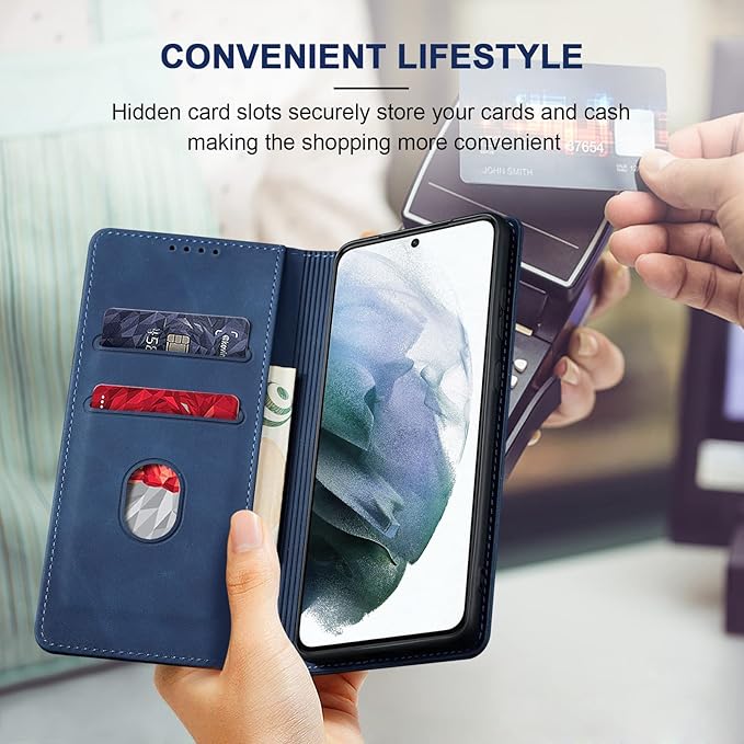 Jasonyu Flip Wallet Case for Samsung Galaxy S21 5G,Leather Magnetic Folio Cover with Card Holder,Kickstand - TPU Shockproof Durable Protective Phone Case,Blue