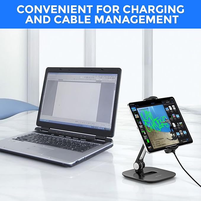 AboveTEK Tablet Stand Holder, Stylish Aluminum iPad Stands, Foldable 360° Swivel Table Stand Holder fits 4-11" Tablets/Smartphones for Kitchen Bedside Office POS Showroom Reception (Black)