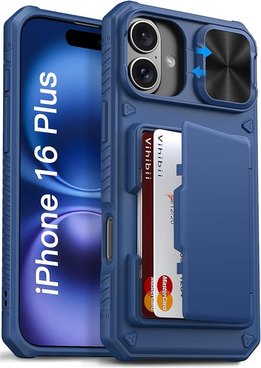 Vihibii for iPhone 16 Plus Wallet Case with Card Holder (4 Cards) [RFID Blocking] & Slide Camera Cover & Raised Edges Protect Screen, Shockproof Rugged Phone Cover for iPhone 16 Plus 6.7" 2024, Blue