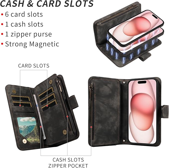 Asuwish Phone Case for iPhone 15 6.1 inch Zipper Wallet Magnetic Cell Cover with Tempered Glass Screen Protector Crossbody Strap Flip Credit Card Holder iPhone15 5G i i-Phone i15 15Case Women Black