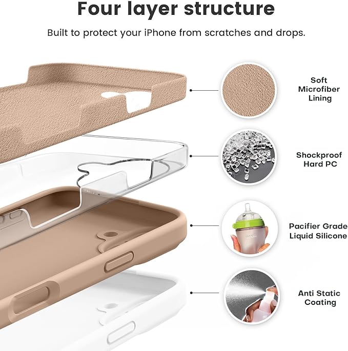 Vooii Compatible with iPhone 16 Case, Liquid Silicone Upgrade [Camera Protection] [Soft Anti-Scratch Microfiber Lining] Shockproof Phone Case for iPhone 16 6.1 inch - Light Brown