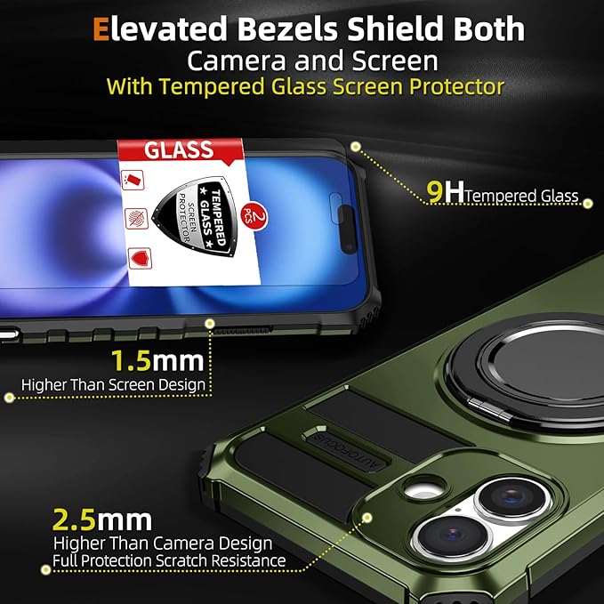 for iPhone 16 Plus Case Magnetic Compatible with Wireless Charging,16 Plus Phone Case with 2 Screen Protector,Built-in Kickstand Ring Military Grade Drop Shockproof Heavy Duty Protection Green