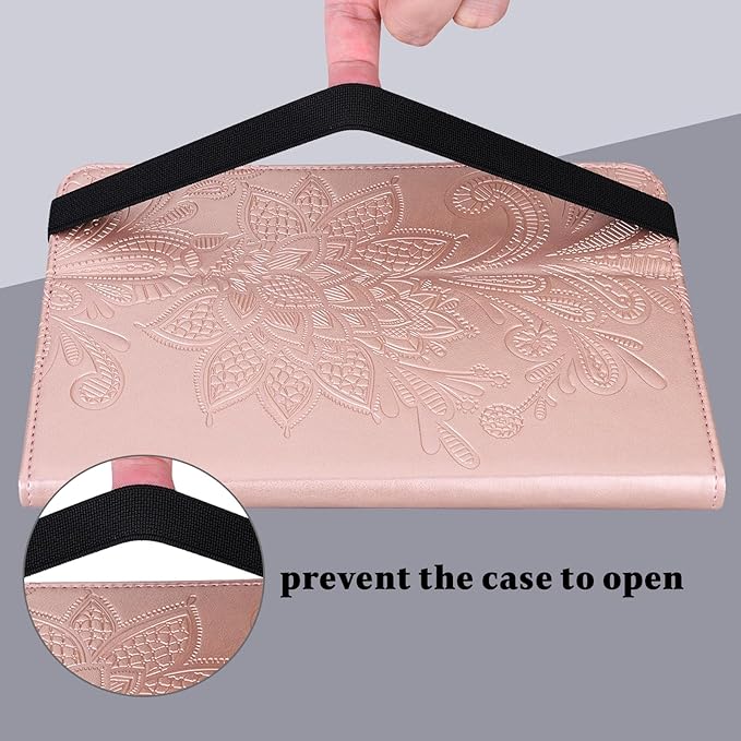 Case for Lenovo Tab M9 9 inch (TB-310FU), Embossed Lace PU Leather Flip Folio Protective Tablet Case with Elastic Band Card Slots Pen Holder, Multi-Angle Viewing Stand Cover - Rose Gold