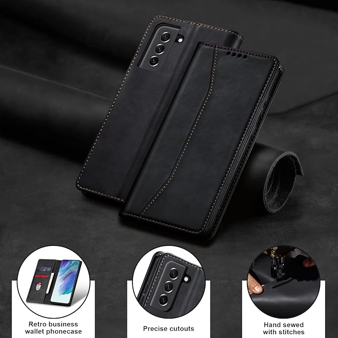 Jasonyu Flip Wallet Case for Samsung Galaxy S21 FE,Leather Magnetic Folio Cover with Card Holder,Kickstand - TPU Shockproof Durable Protective Phone Case,Black
