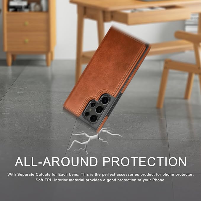 DJDUCK Designed for Samsung Galaxy S25 Ultra Case Wallet with Card Holder, [Magnetic Clasp Cover] [RFID Blocking Leather Protection] Shockproof Women Men Cases for Samsung S25Ultra Light Brown