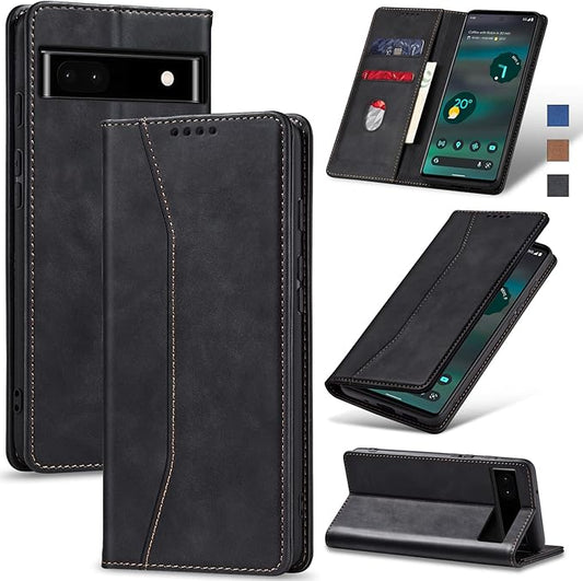 Jasonyu Flip Wallet Case for Google Pixel 6A 5G,Leather Magnetic Folio Cover with Card Holder,Kickstand - TPU Shockproof Durable Protective Phone Case,Black