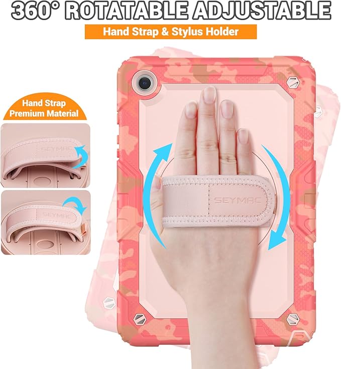 SEYMAC Case for Samsung Galaxy Tab A9+/ A9 Plus 11" (SM-X210/X216/X218), Heavy Duty Shockproof Protective Case with Screen Protector, Rotating Stand, Hand/Shoulder Strap, Multicolor/Pink