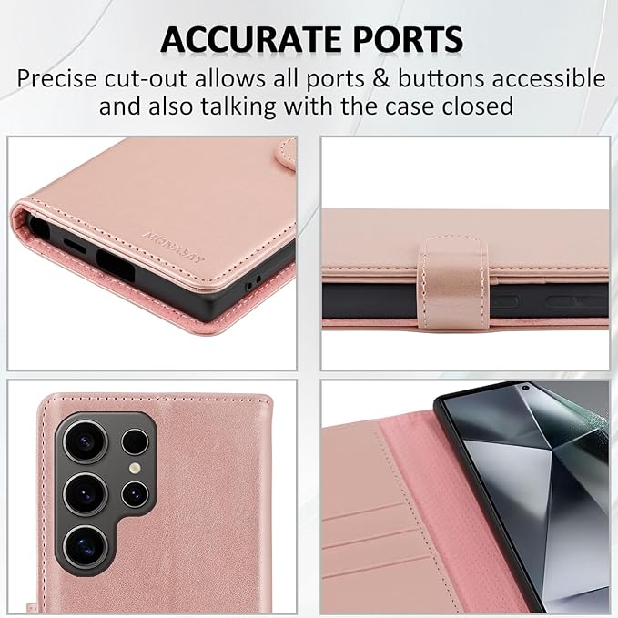 MONASAY Wallet Case Fit for Samsung Galaxy S24 Ultra 5G，[Lens & Glass Screen Protector] [RFID Blocking] Flip Folio Leather Cell Phone Cover with Credit Card Holder, 6.8 inch, Rosegold