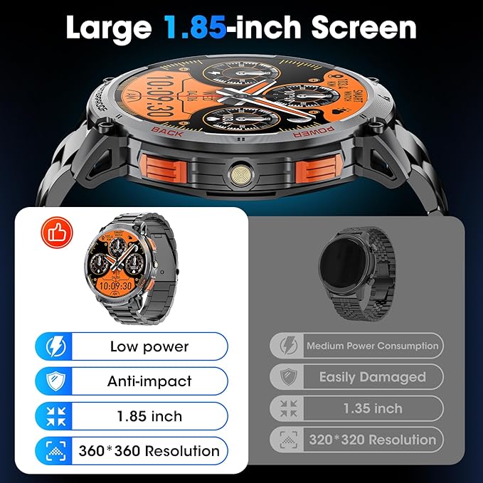 Military Smart Watch for Men 1.85" HD Touch Screen 730mAh Battery Smart Watches with LED Flashlight for Android iOS （Bluetooth Call Answer/Dial Calls） Fitness Tracker with Heart Rate Blood