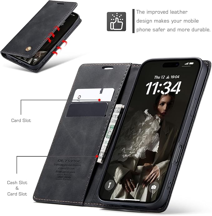 QLTYPRI for iPhone 16 Plus Case Wallet with Card Holder, Vintage PU Leather Kickstand Magnetic Closure Shockproof Folio Book Cover Case for iPhone 16 Plus - Black