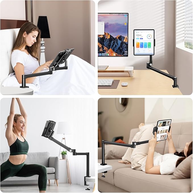 elitehood 28in Long Arm iPad Desk Mount, Heavy Duty Aluminum Tablet Arm Mount for Desk Bed Sofa, Compatible with iPad Pro 13/12.9 Air Mini, iPhone, Portable Monitor and 4.7-13in Tablets