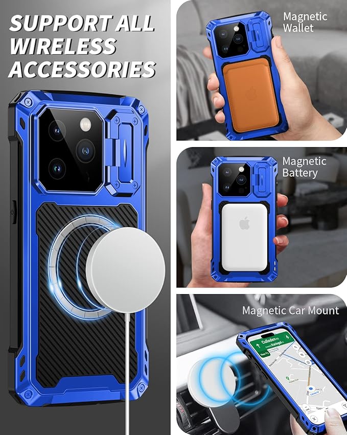 Lanhiem Magnetic for iPhone 14 Pro Metal Case, [Built-in Camera Kickstand & Glass Screen Protector] Heavy Duty Full Body Rugged Protective Military Magsafe Cover for iPhone 14 Pro 6.1" (Blue)