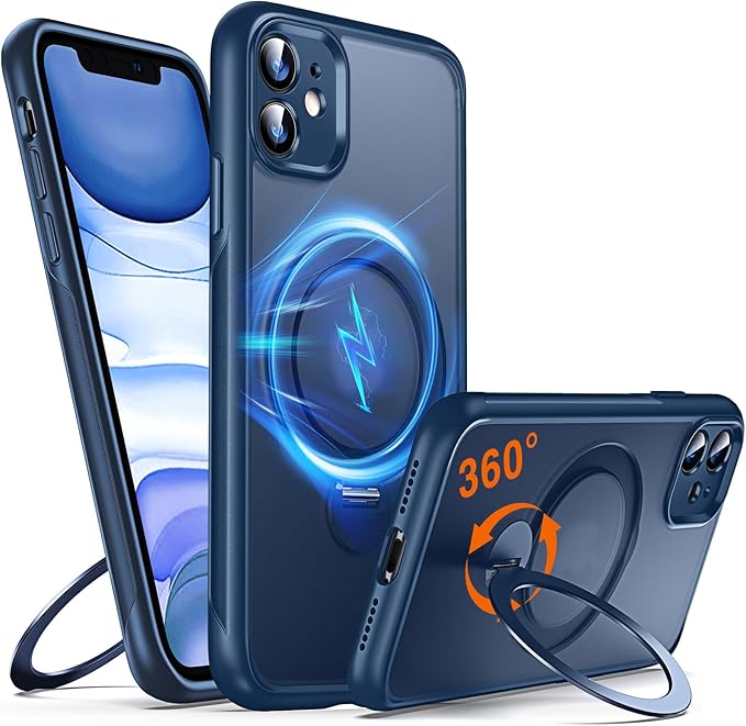 360° O-Ring MagStander for iPhone 11 Case with Magnetic Kickstand Ring Holder [Compatible with MagSafe][360°Rotate Stand Ring][Military Shockproof] Magnet iPhone 11 Phone Cover Matte Blue