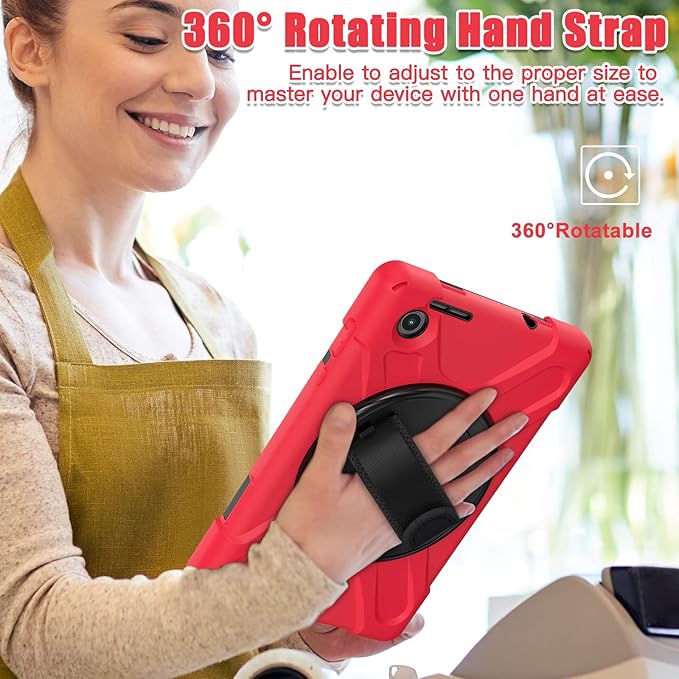 TSQQST for Lenovo Tab M8 Tablet Case 4th Gen 2024 203 Model TB301XU/TB-300FU for Kids | Silicone Rugged Protective Case with Rotating Stand Hand Strap Shoulder Strap for Lenovo Tab M8 Tablet | Red